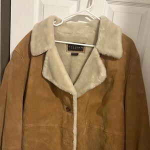 Gallery Women's camel suede Brown Teddy Jacket Cream faux Collar 2 x plus sz
